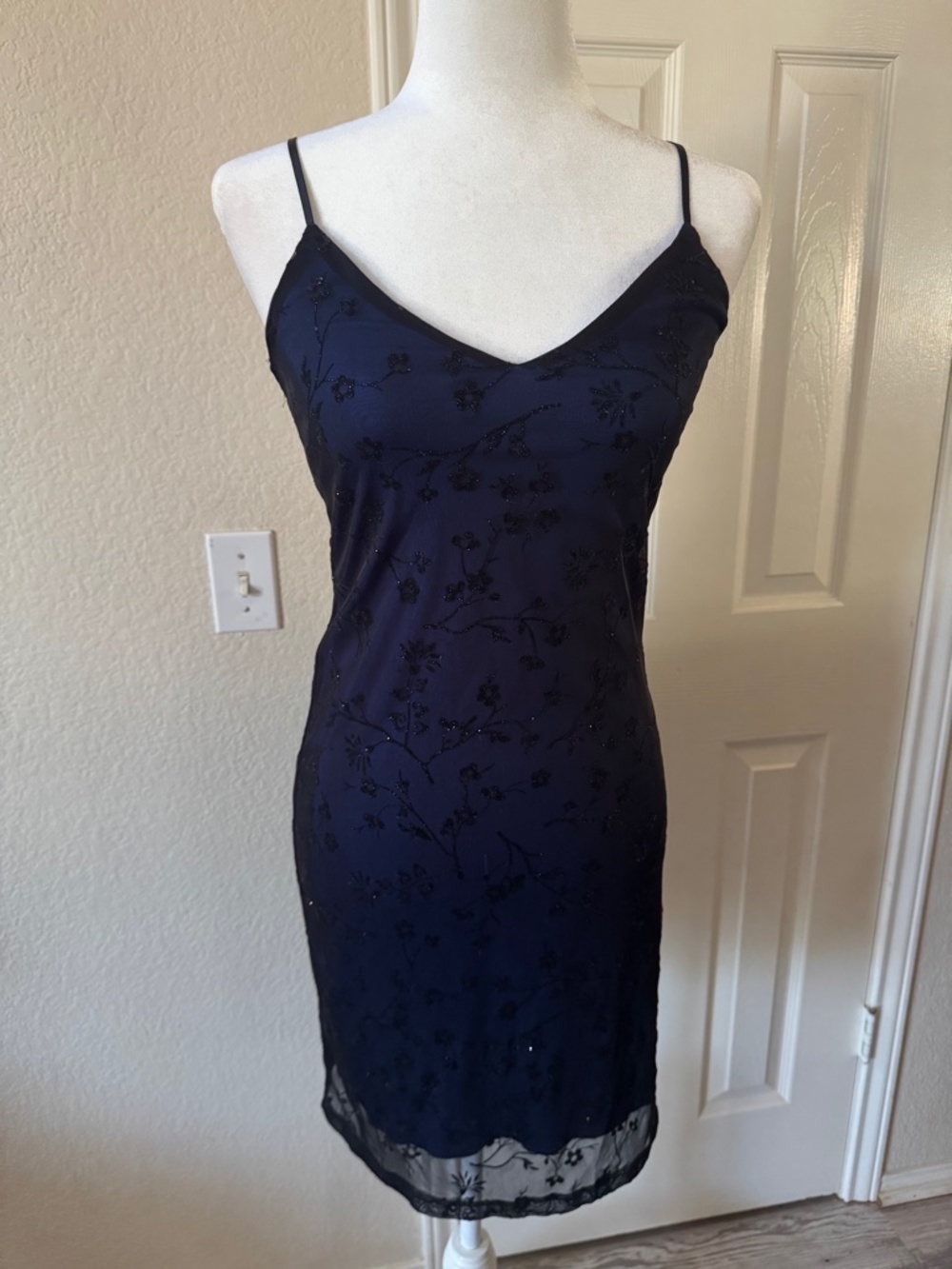 Michel Navy Blue Floral sheer Print Slip Dress – Size S Vintage 90s/Y2K